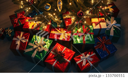 クリスマスプレゼントの山とツリー、暖かみのある照明に照らされたホリデーシーズン 133700551
