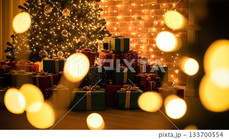 クリスマスプレゼントの山とツリー、暖かみのある照明に照らされたホリデーシーズン 133700554