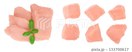 Raw chicken, fillet, isolated on white background. Top view. Flat lay Raw chicken, fillet, isolated on white background. Top view. Flat lay 133700617