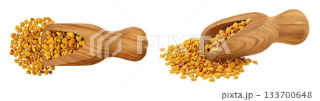 Bee pollen grains in wooden scoop isolated on white background. Top view. Flat lay Bee pollen grains in wooden scoop isolated on white background. Top view. Flat lay 133700648