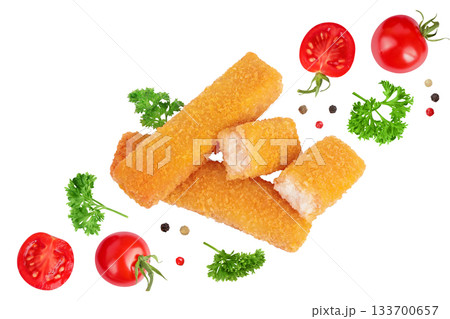 Fish finger or stick with parsley isolated on white background. Top view. Flat lay. Fish finger or stick with parsley isolated on white background. Top view. Flat lay. 133700657