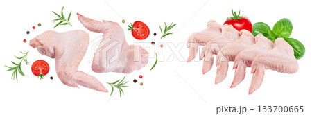Raw chicken wings isolated on white background with full depth of field. Top view. Flat lay 133700665