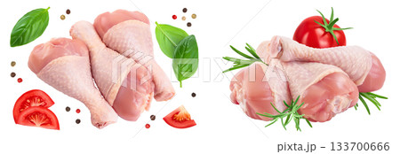 Raw chicken leg or drumstick isolated on white background with full depth of field. Top view. Flat lay 133700666