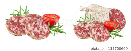 Cured salami sausage slices isolated on white background. Italian cuisine with full depth of field Cured salami sausage slices isolated on white background. Italian cuisine with full depth of field 133700669