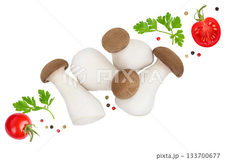 King Oyster mushroom or Eringi isolated on white background . Top view. Flat lay King Oyster mushroom or Eringi isolated on white background . Top view. Flat lay 133700677