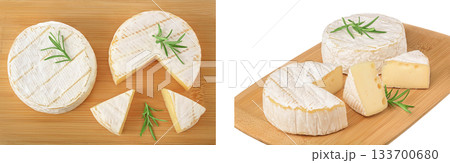Camembert cheese on wooden background with full depth of field. Top view. Flat lay 133700680