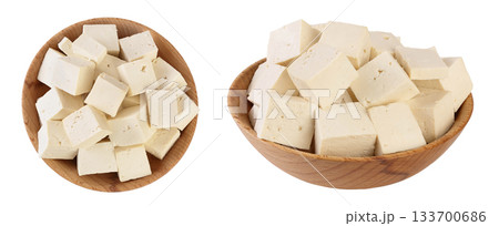 tofu cheese in wooden bowl isolated on white background with full depth of field, Top view. Flat lay tofu cheese in wooden bowl isolated on white background with full depth of field, Top view. Flat lay 133700686