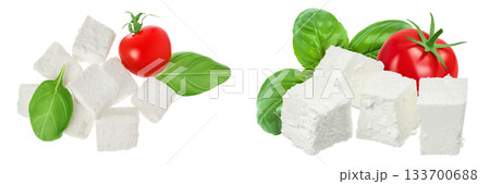 Feta cheese isolated on white background. With full depth of field. Top view. Flat lay Feta cheese isolated on white background. With full depth of field. Top view. Flat lay 133700688
