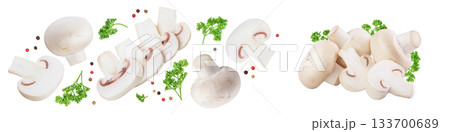 Fresh mushrooms and slices isolated on white background with copy space for your text. Top view. Flat lay. Fresh mushrooms and slices isolated on white background with copy space for your text. Top view. Flat lay. 133700689