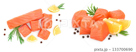Slice of red fish salmon with rosemary and lemon isolated on white background. Top view. Flat lay 133700690