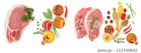 sliced raw pork meat with parsley isolated on white background. Top view. Flat lay 133700692