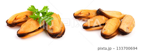 three mussel with parsley leaf isolated on white background 133700694