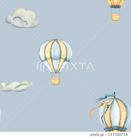 Seamless pattern with hot air balloons. Watercolor illustration with hot air Balloons. Watercolor hand drawn illustration in blue background for nursery wallpaper, kids goods, fabric, wrapping paper Seamless pattern with hot air balloons. Watercolor illustration with hot air Balloons. Watercolor hand drawn illustration in blue background for nursery wallpaper, kids goods, fabric, wrapping paper 133700718