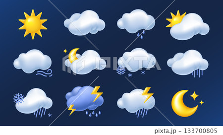 Weather 3d elements set in realistic render design. Collection of sun, cloud, rain, wind blow, moon, snow, lightning, thunder, storm, sky and other meteorology forecast symbols. Illustration. Weather 3d elements set in realistic render design. Collection of sun, cloud, rain, wind blow, moon, snow, lightning, thunder, storm, sky and other meteorology forecast symbols. Illustration. 133700805