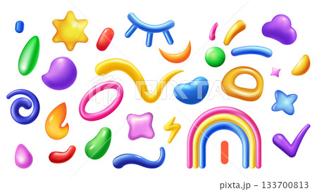 Colorful children shapes 3d elements set in realistic render design. Collection of abstract doodle figures, spirals, rainbow, swirls, ribbons, stars, drops, cloud, circles, more. Illustration. 133700813