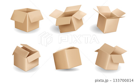 Brown packing box 3d elements set in realistic render design. Collection of open and closed cardboard parcels, empty delivery paper packages, storage container in different view. Illustration. 133700814
