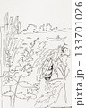 Hand drawn sketch, ink illustration of bee on wildflowers near a river with boat in distance, summer nature. Concept of harmony between nature, pollinators, peaceful human presence 133701026