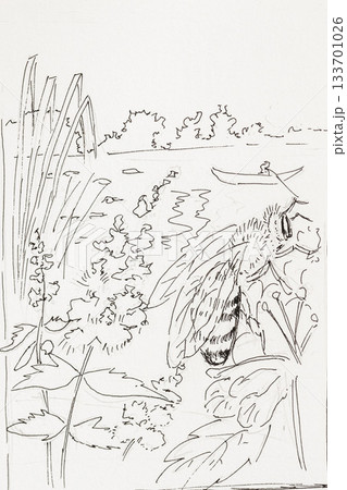 Hand drawn sketch, ink illustration of bee on wildflowers near a river with boat in distance, summer nature. Concept of harmony between nature, pollinators, peaceful human presence 133701026