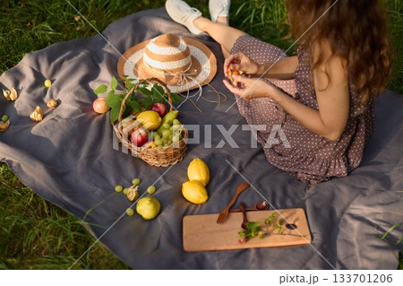 Summer scene of girl cutting fruit on rural picnic blanket Summer scene of girl cutting fruit on rural picnic blanket 133701206