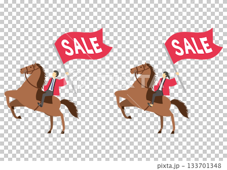 馬に乗りSALEの旗を持つ赤い法被を着た男性と女性のセット 133701348