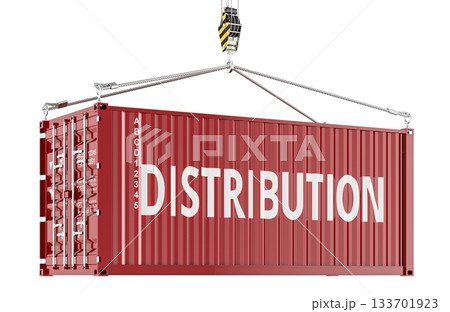 Distribution concept with red shipping container lifted by crane. 3D rendering 133701923