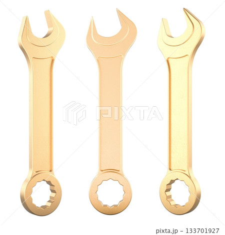 Golden combination wrenches front and side views. 3D rendering 133701927