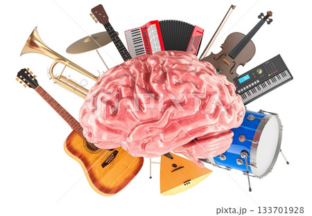 Human brain surrounded by various musical instruments, symbolizing music creativity and cognition. 3D rendering Human brain surrounded by various musical instruments, symbolizing music creativity and cognition. 3D rendering 133701928