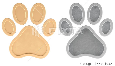 Paw prints in gold and silver finish with glossy texture and raised pads. 3D rendering 133701932