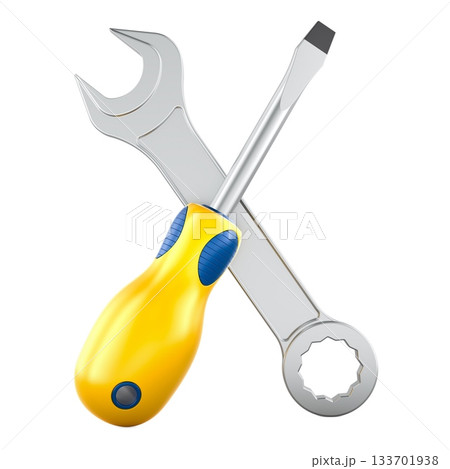 Wrench and screwdriver, crossed tools. 3D rendering 133701938