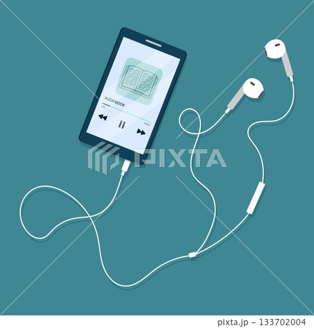 Audiobook player on mobile phone screen. Smartphone application for reading e-book. Idea of online education and knowledge. Vector illustration in flat cartoon style. 133702004