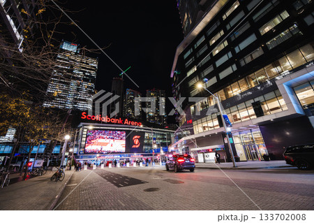 Toronto, Canada, 20 October 2025: Night view of Scotiabank Arena with illuminated screens, visitors, and surrounding modern high-rise buildings Toronto, Canada, 20 October 2025: Night view of Scotiabank Arena with illuminated screens, visitors, and surrounding modern high-rise buildings 133702008