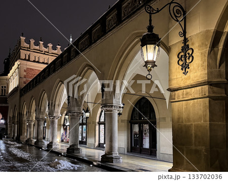 Night scene of Historic Sukiennice Cloth Hall Arcades in Old Town Krakow, Poland 133702036