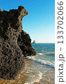 Volcanic cliff in the sea surf on the island of Corfu, Greece. 133702066