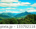 Alpine landscape with high mountain peaks and green meadows. 133702118