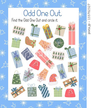Christmas holiday game Odd One Out find, circle element that differs from others hand drawn illustration, educational printable worksheet for kids, leisure activity learning concept, teacher resources Christmas holiday game Odd One Out find, circle element that differs from others hand drawn illustration, educational printable worksheet for kids, leisure activity learning concept, teacher resources 133702327