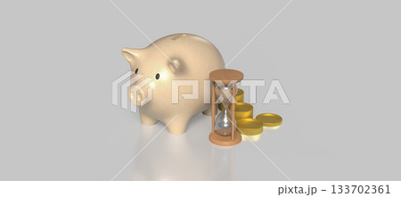 Piggy Bank with Hourglass and Gold Coins 3d render. Piggy Bank with Hourglass and Gold Coins 3d render. 133702361