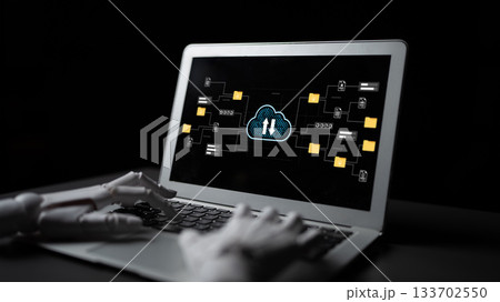 Artificial Intelligence and Cloud Computing Concept with Robot Hand Interacting with Laptop Display Showing Data Flow and Technology Symbols Gantry Artificial Intelligence and Cloud Computing Concept with Robot Hand Interacting with Laptop Display Showing Data Flow and Technology Symbols Gantry 133702550