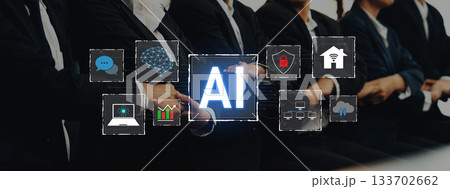 Business professionals in suits with AI technology graphics, showcasing innovation, collaboration, and digital transformation in modern corporate environments Trope Business professionals in suits with AI technology graphics, showcasing innovation, collaboration, and digital transformation in modern corporate environments Trope 133702662