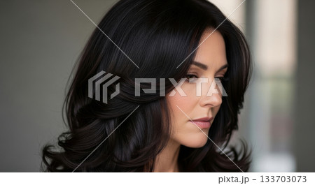 A striking rear view of a woman with beautiful hair dyed a vibrant dark brown color. 133703073