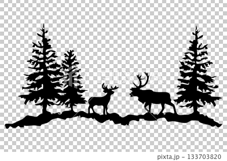 冷杉樹與馴鹿剪影 | 冬季森林背景插畫素材 133703820