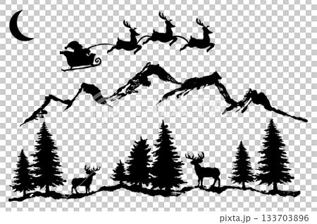 聖誕老人與馴鹿、杉樹與山巒輪廓 | 冬季風景插畫素材 133703896