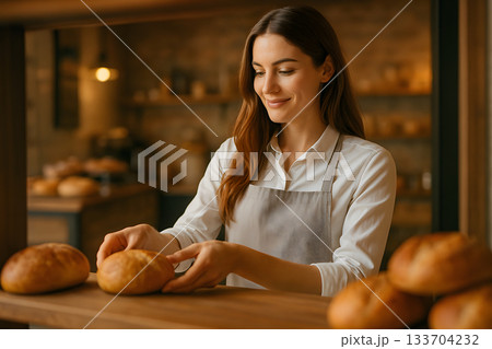 ベーカリーでパンを並べる笑顔の女性スタッフ 133704232