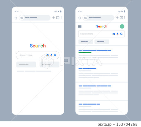 mobile web browser interface showing search engine homepage with input field and results page with list of links and text descriptions 133704268