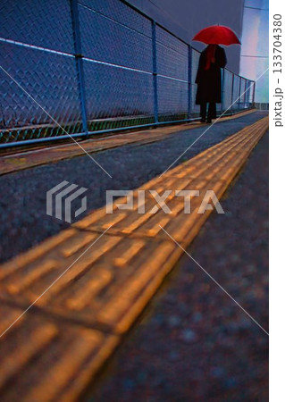 雨の日の歩道を歩く日傘の女性 雨の日の歩道を歩く日傘の女性 133704380