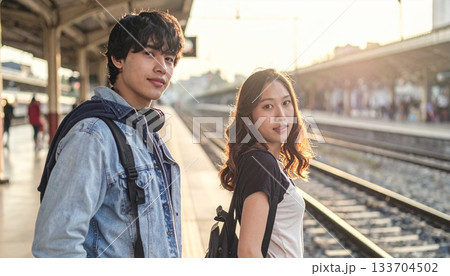 休日の駅前で人を待つ大学生 休日の駅前で人を待つ大学生 133704502