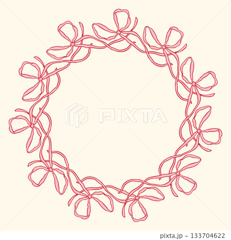 Vector illustration of a circular frame made of hand-drawn pink bows. Delicate and feminine decorative border perfect for invitations, cards, packaging, branding, and elegant design projects Vector illustration of a circular frame made of hand-drawn pink bows. Delicate and feminine decorative border perfect for invitations, cards, packaging, branding, and elegant design projects 133704622