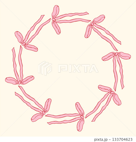 Vector illustration of a circular frame made of hand-drawn pink bows. Delicate and feminine decorative border perfect for invitations, cards, packaging, branding, and elegant design projects Vector illustration of a circular frame made of hand-drawn pink bows. Delicate and feminine decorative border perfect for invitations, cards, packaging, branding, and elegant design projects 133704623