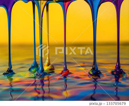 Colorful liquid paint clouds creating vibrant reflections on a smooth surface during a creative art session 133705679