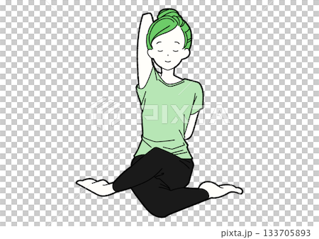 Woman stretching her arms in yoga, green, eyes closed Woman stretching her arms in yoga, green, eyes closed 133705893