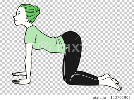 牛のポーズをする女性の線画イラスト 緑と黒の配色 牛のポーズをする女性の線画イラスト 緑と黒の配色 133705902